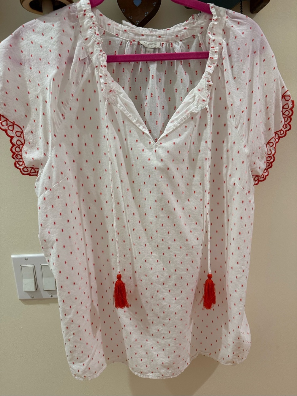 Talbots White Peasant Blouse with Red Tassels